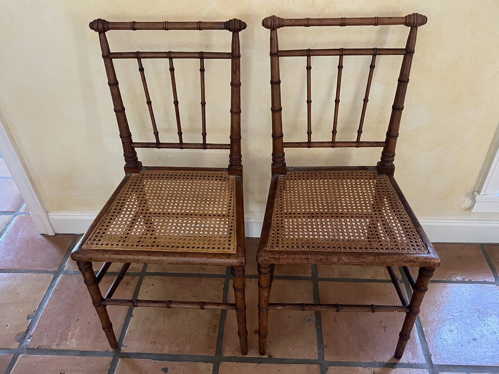 Pair of Antique Bamboo Cane and Chairs: Antique , turn of the Century chairs, Victoria Era. Dimensions: H 34" x W 17" x D 15" Seat Height: 17" Condition: Nice antique condition, strong. Low Estimate: 10.00 High Estimate: 10000.00