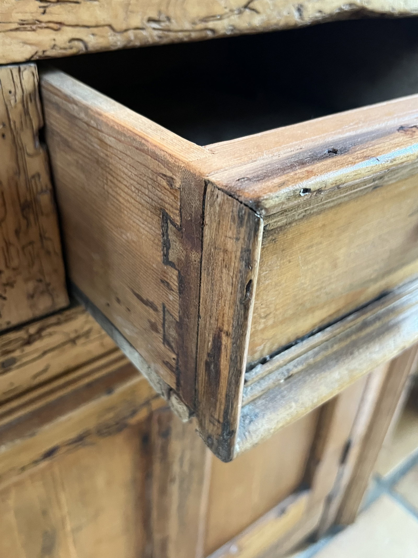 Antique Lighted Wormwood Pine Stepback Hutch - 12