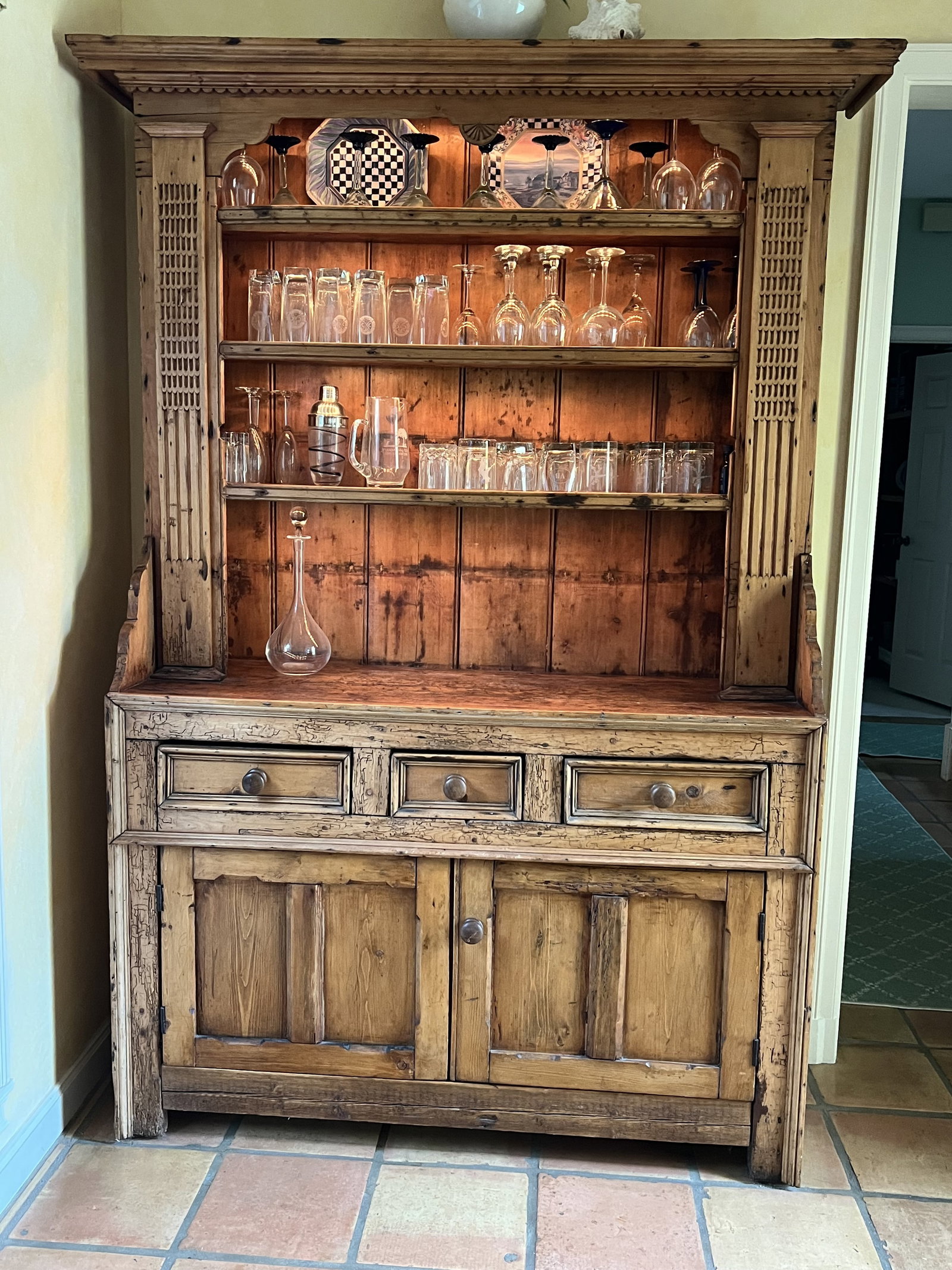 Antique Lighted Wormwood Pine Stepback Hutch - 7