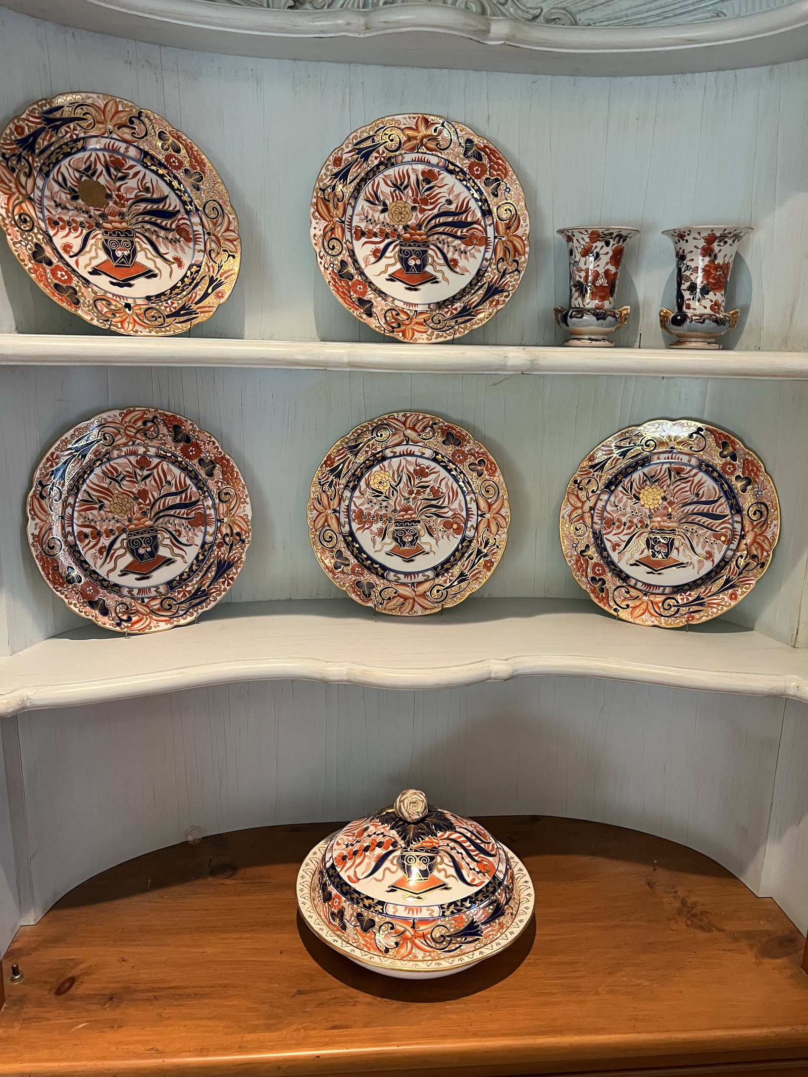 Imari Grouping Incl Plates and Vases: Eight pieces total , decorative, including 5 plates, 2 vases, covered serving dish with damaged lid. Low Estimate: 10.00 High Estimate: 10000.00