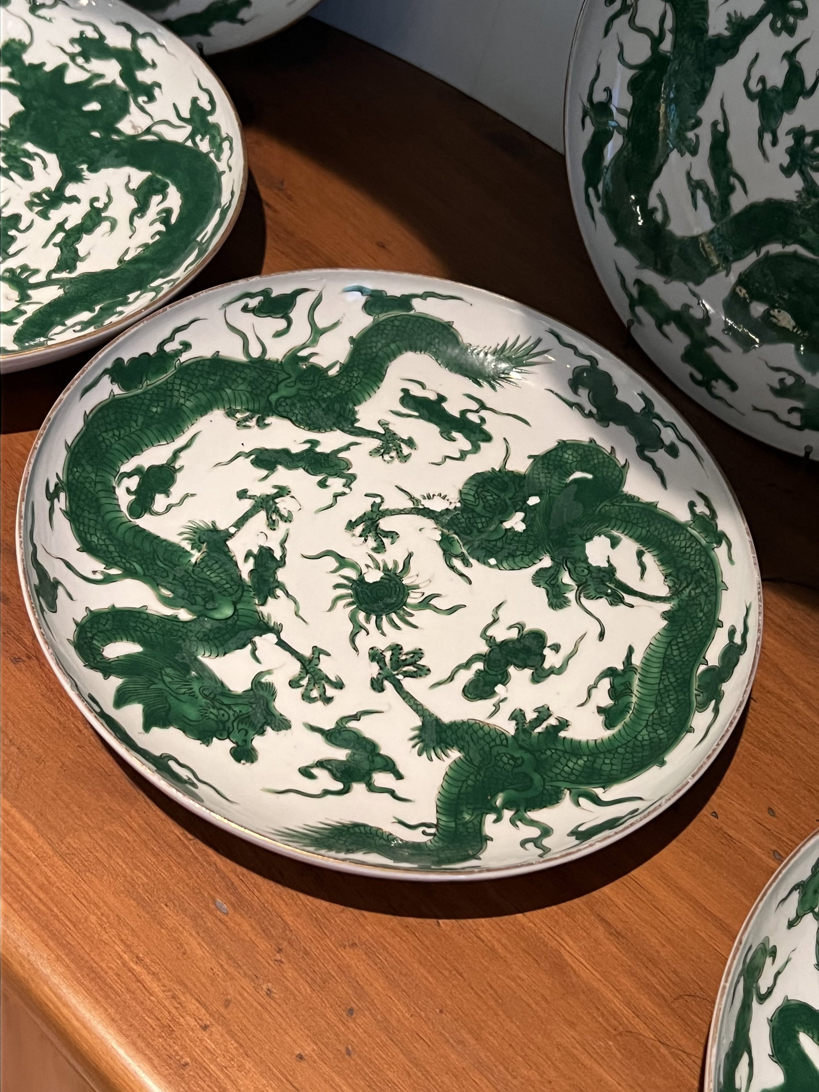12 Green & White Chinese Dragon Plates - 5
