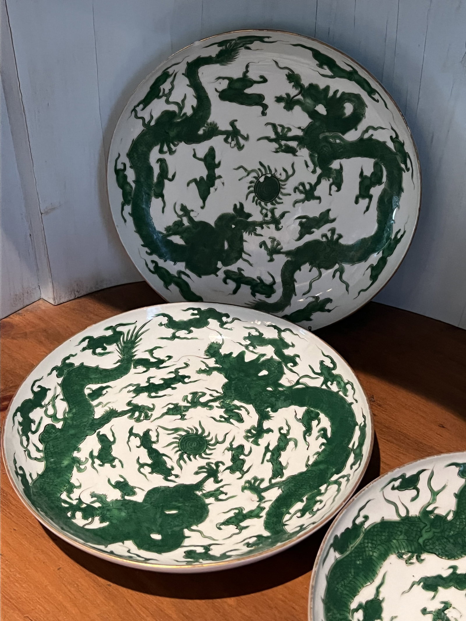 12 Green & White Chinese Dragon Plates - 6