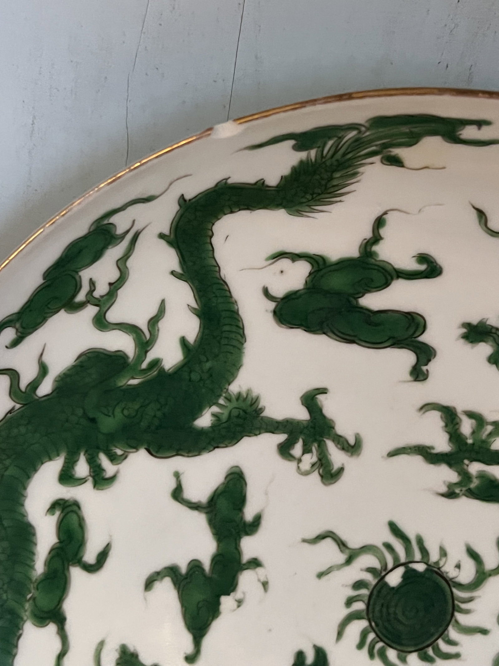 12 Green & White Chinese Dragon Plates - 9