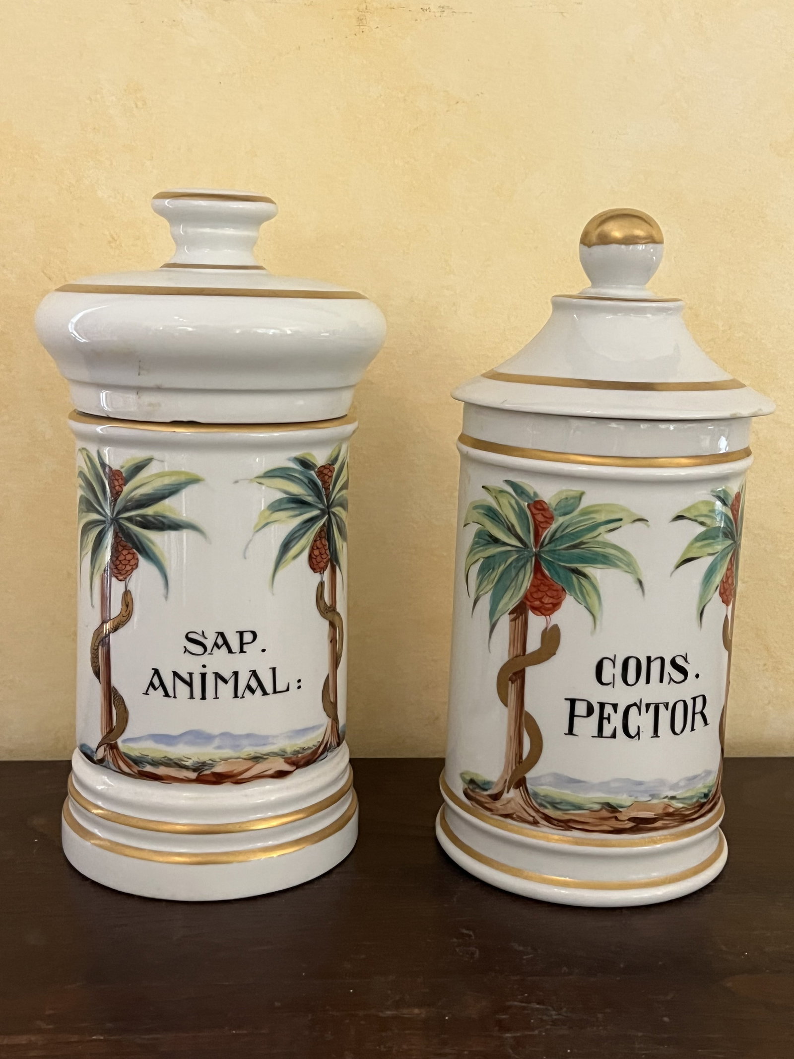 Antique French Apothecary Jars: Porcelain jars measuring H 9.5" x W 5" Condition: Presenting well. Low Estimate: 10.00 High Estimate: 10000.00