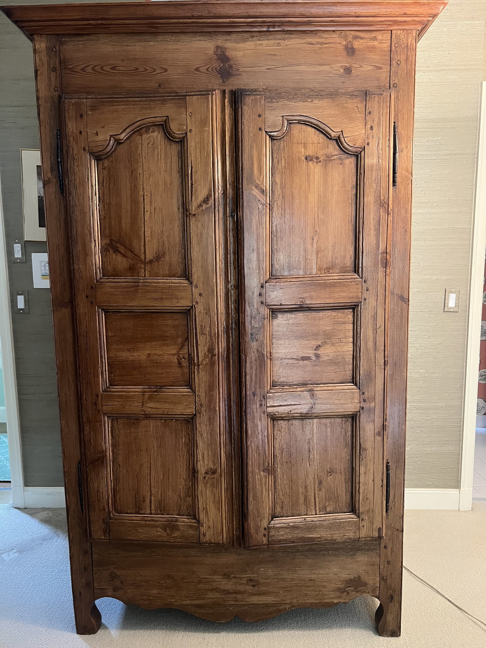 Antique Oak Armoire: Antique wardrobe or armoire. Apparent restorations and upgrades including shelving inside. Many very old parts and wood. Dimensions: H 80" x W 45" x D 18" Low Estimate: 10.00 High Estimate: 10000.00