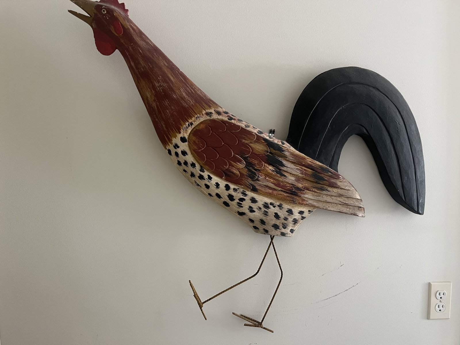 Folk Art Chicken: A large folk art chicken, double sided, wood with metal legs. Dimensions: L 43" x H 31"x Thickness: 2.5" . Condition: Shabby Chic wear Low Estimate: 10.00 High Estimate: 10000.00