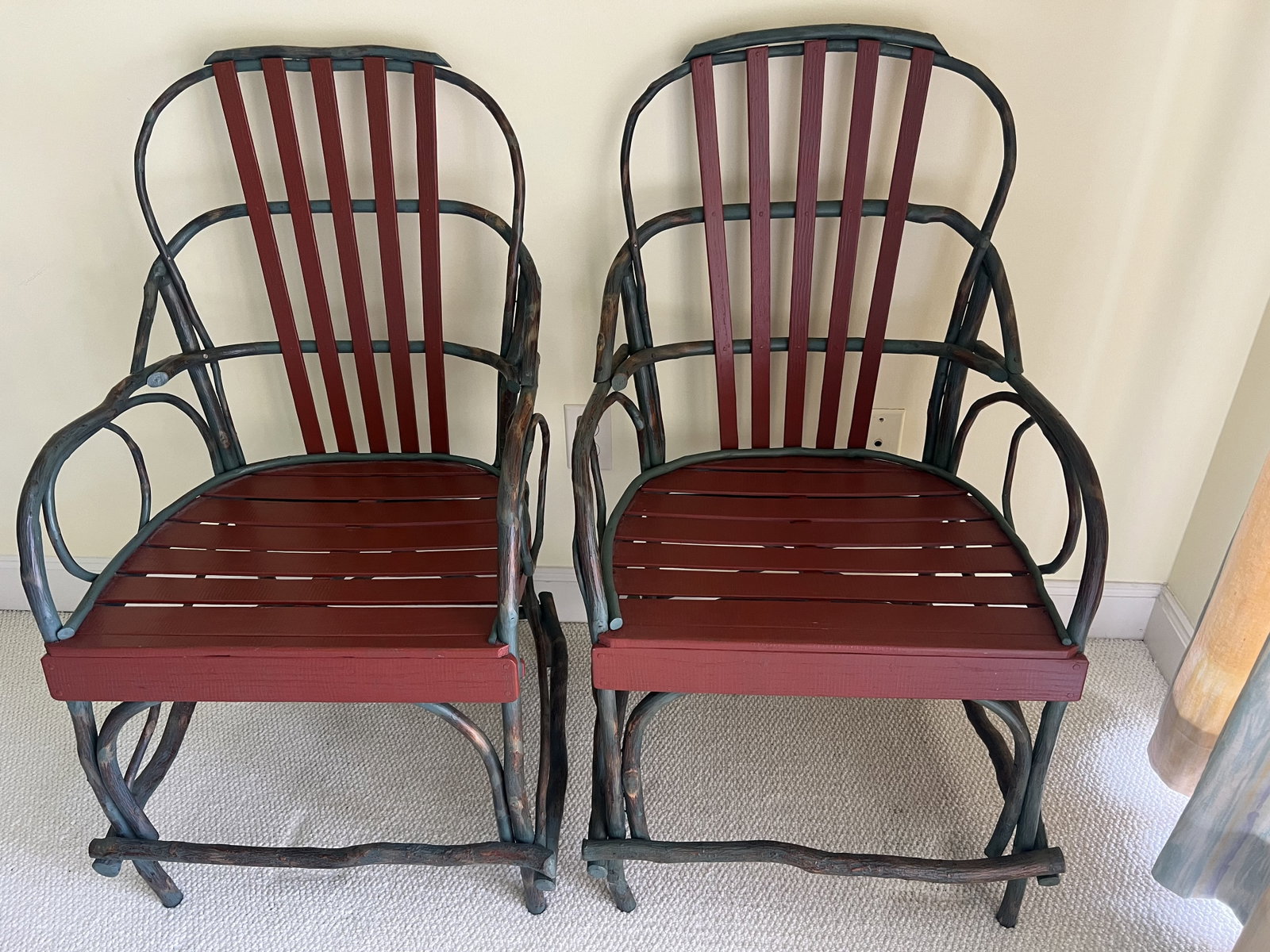Pair of Twig Adirondack Style. Chairs: Bent wood and twigs, no makers marks, handmade of real wood. They match the beds above. Dimensions: H 37" x W 21" x D 17.5" Condition: Presenting well. Low Estimate: 10.00 High Estimate: 10000.00