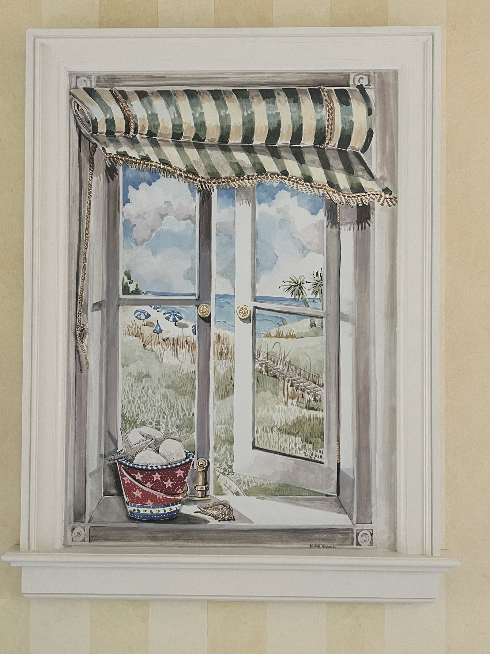 Kristy B Edwards Window on the Beach: Faux window looking out to a beach scene. Signed. Dimensions: H 38" x W 30" x D 2" Condition: presenting well. Low Estimate: 10.00 High Estimate: 10000.00