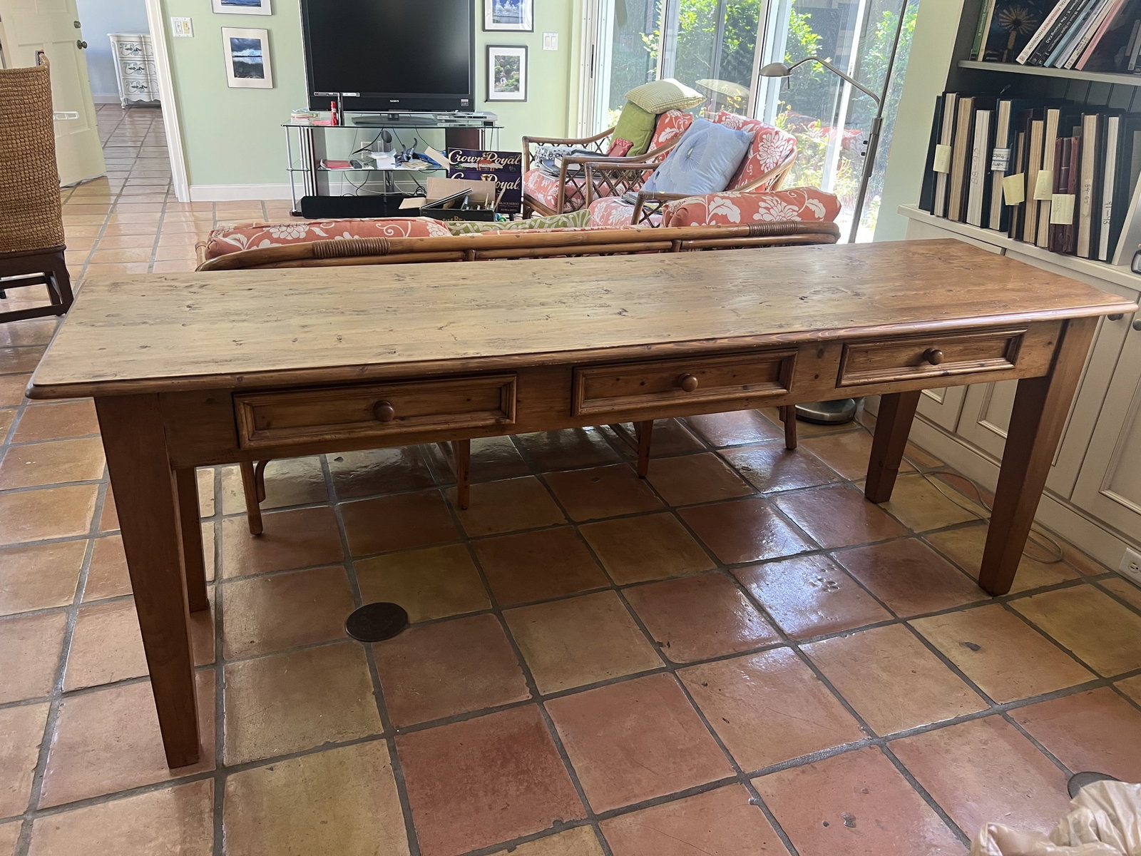 Rustic Farmhouse Extra Long Pine Desk: A vintage, solid pine, three drawer table or desk. Dimensions: H 31" X L 83.5" x W 23.5" x H 24" (to skirt) Low Estimate: 10.00 High Estimate: 10000.00