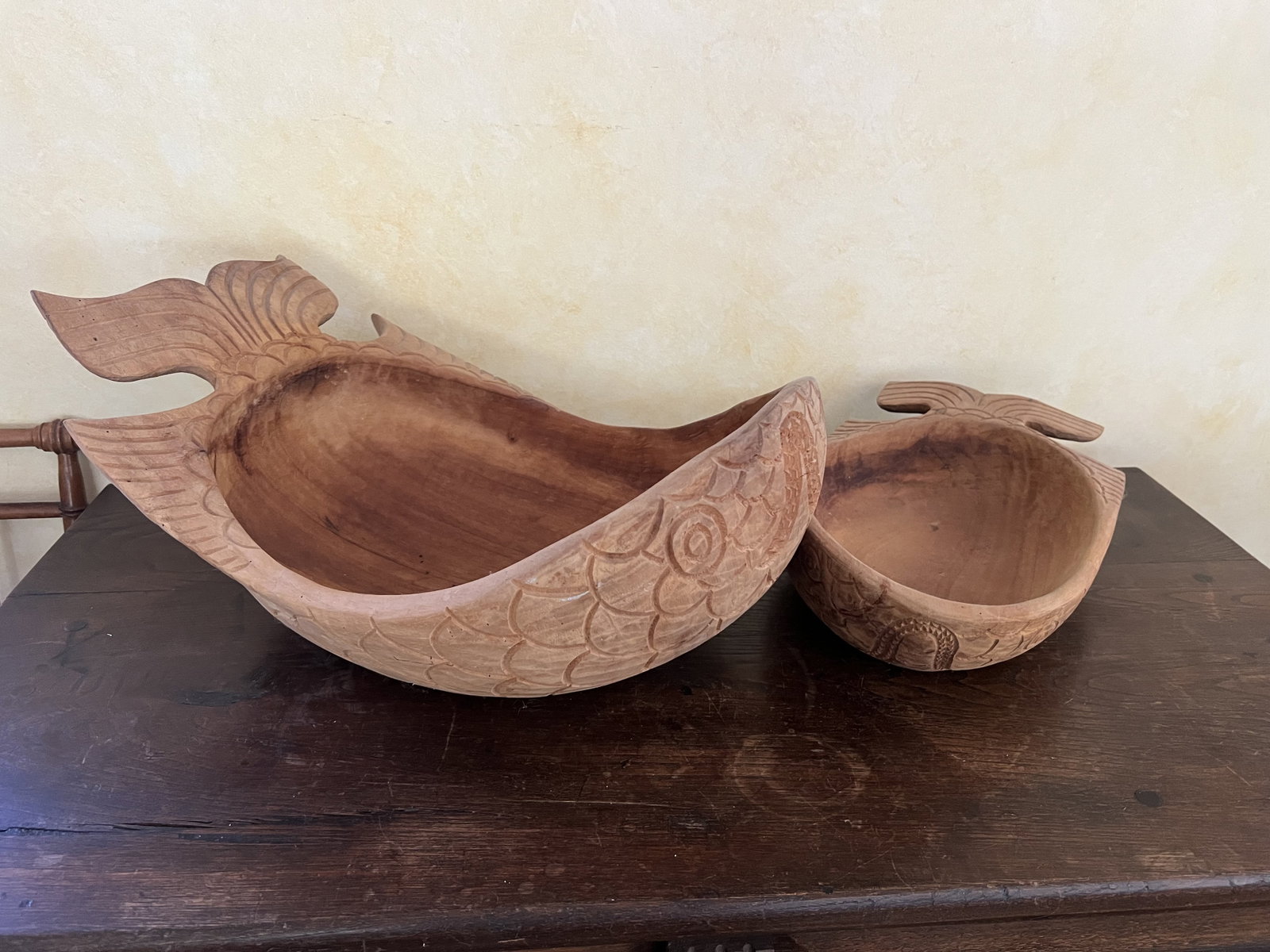 (2) Carved Wood Fish Bowls: Signed, Roy Shippy 1992 and Anthony Shippy on the larger. Dimensions: Larger: L 21" x W 13" x H 9.5" Condition: Some signs of use. Low Estimate: 10.00 High Estimate: 10000.00