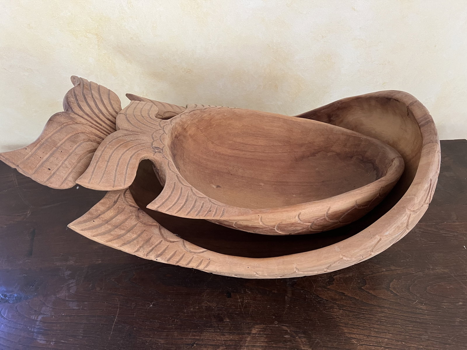(2) Carved Wood Fish Bowls - 8