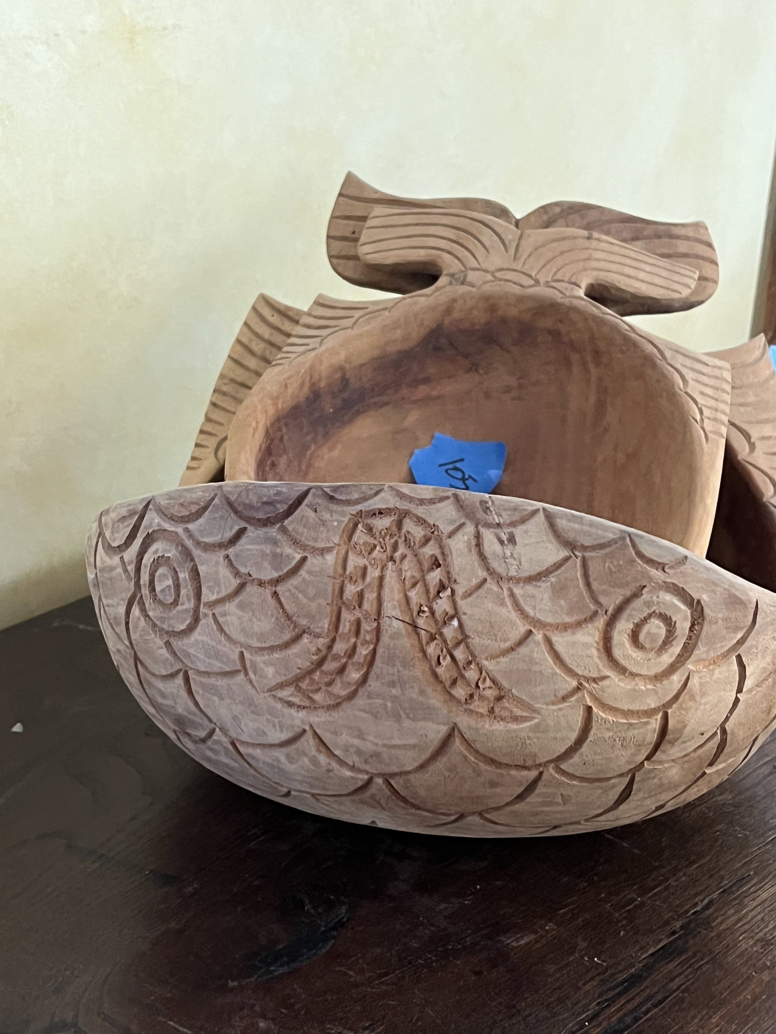 (2) Carved Wood Fish Bowls - 9