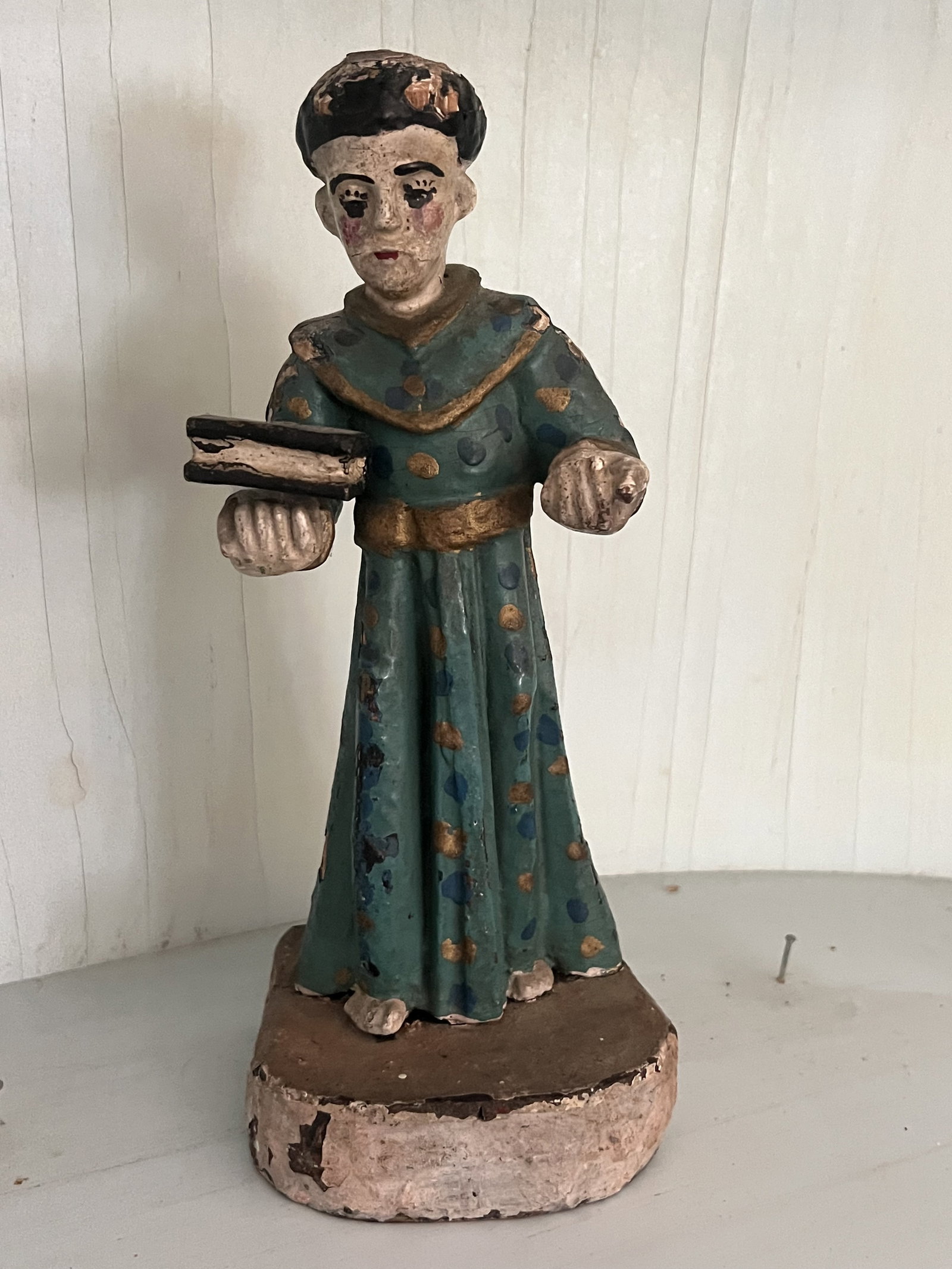 Antique Carved and Polychrome Saint: Antique Spanish polychrome santo, carved wood. Likely 17th Century, possibly Jose Rafael Aragon. Dimensions: H 9.5" x W 4" x D 4" Condition: As shown with normal age. Low Estimate: 10.00 High