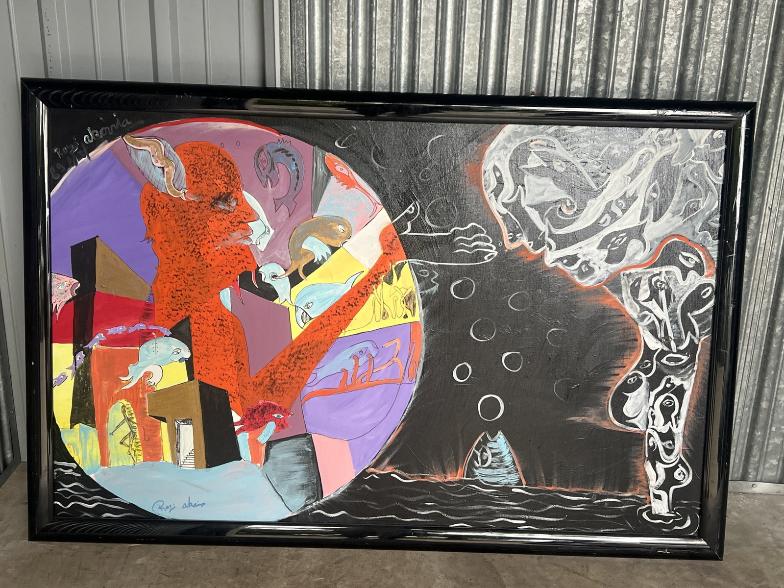 Surrealist painting signed Royi Akavia: Oil on canvas, black frame. Some marks to frame. Dimensions: H 34" x W 52" Low Estimate: 10.00 High Estimate: 10000.00