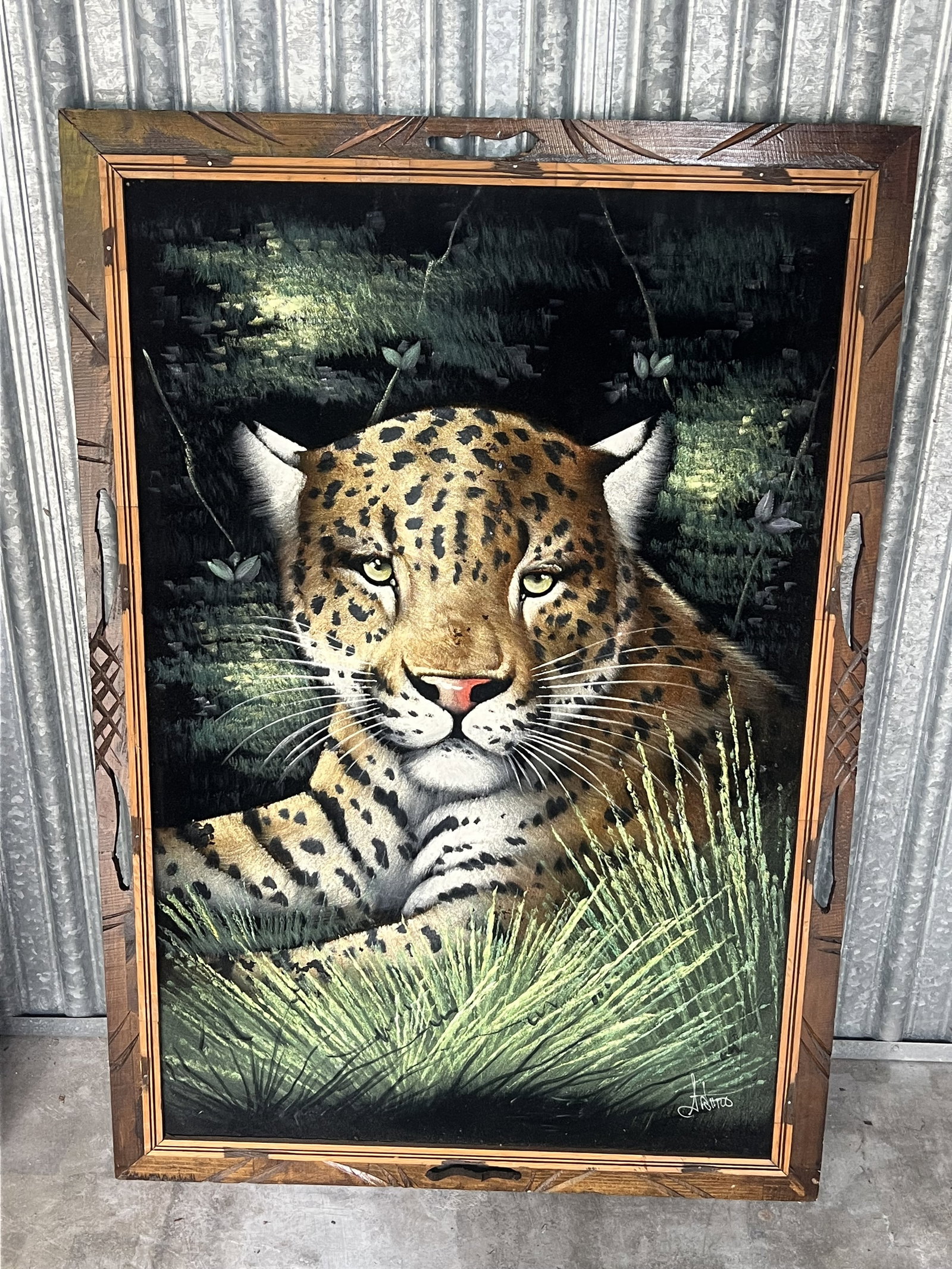 70's Velvet Painting of a Jaguar: Original painting, signed. Condition: Small losses as shown in pictures. Low Estimate: 10.00 High Estimate: 10000.00