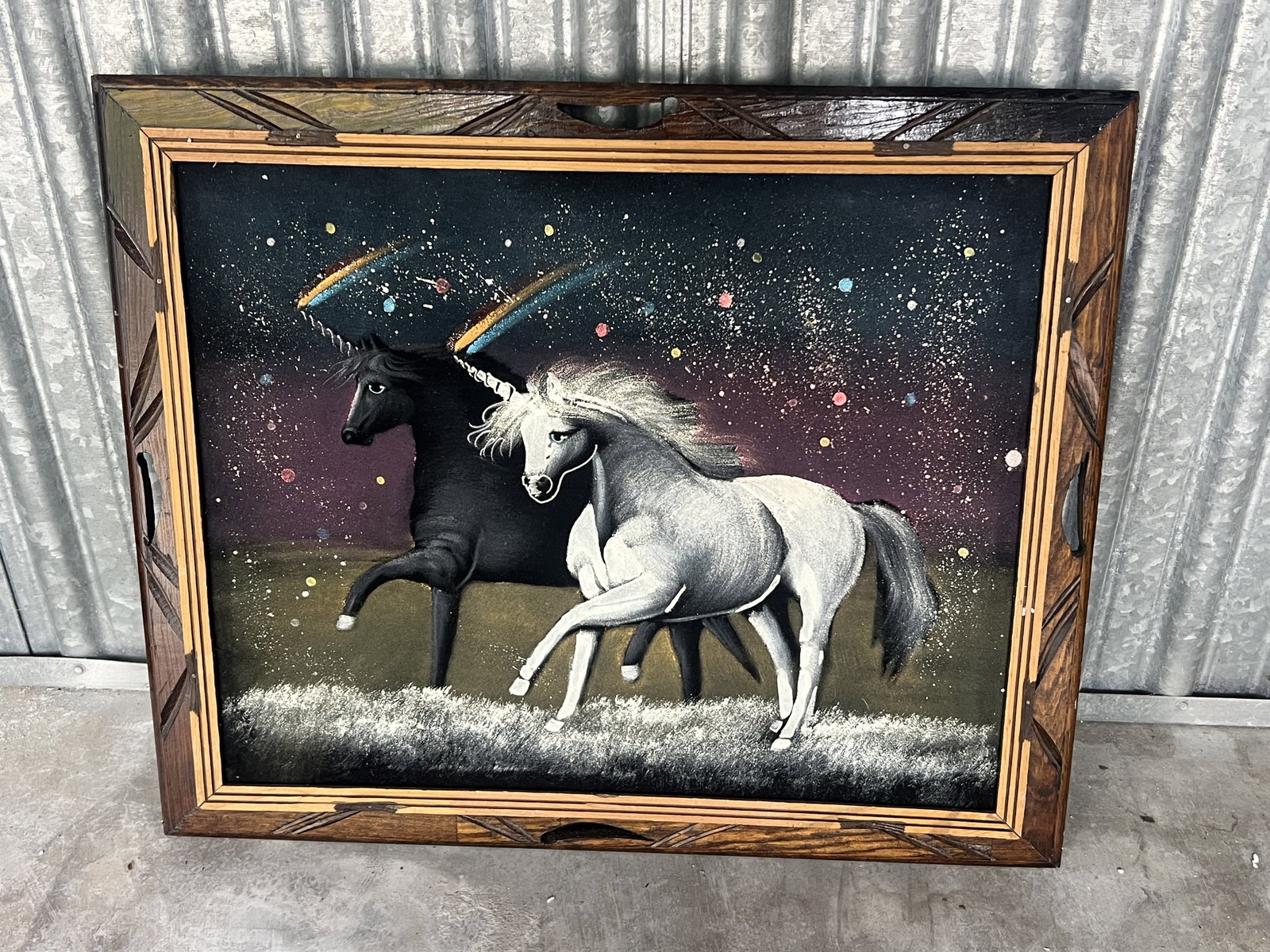 70's Velvet Painting of Unicorns: Original painting. Condition: Minor signs of age. Dimensions: H 19" x W 23" Low Estimate: 10.00 High Estimate: 10000.00