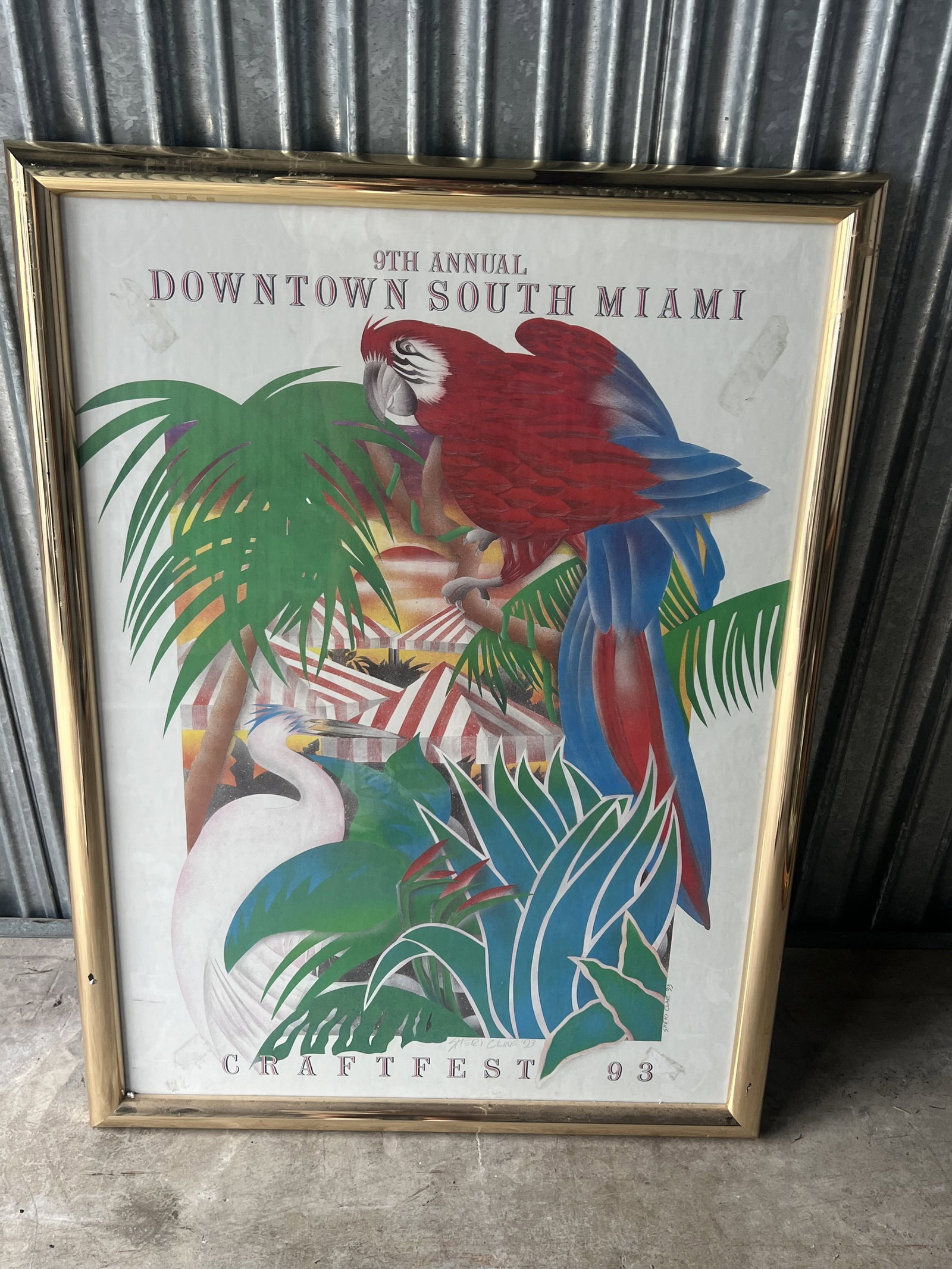South Miami Craftfest Parrot Poster: Colorful print of tropical Miami birds. Dimensions: H 30" x W 22" Condition: Normal signs of age. Low Estimate: 10.00 High Estimate: 10000.00