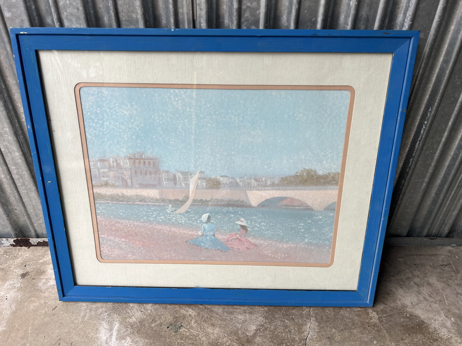 Girls on a Beach Print: Unsigned pointilism or inmpressionist. Frame is painted blue over. Dimensions: H 18" x W 22" Low Estimate: 10.00 High Estimate: 10000.00