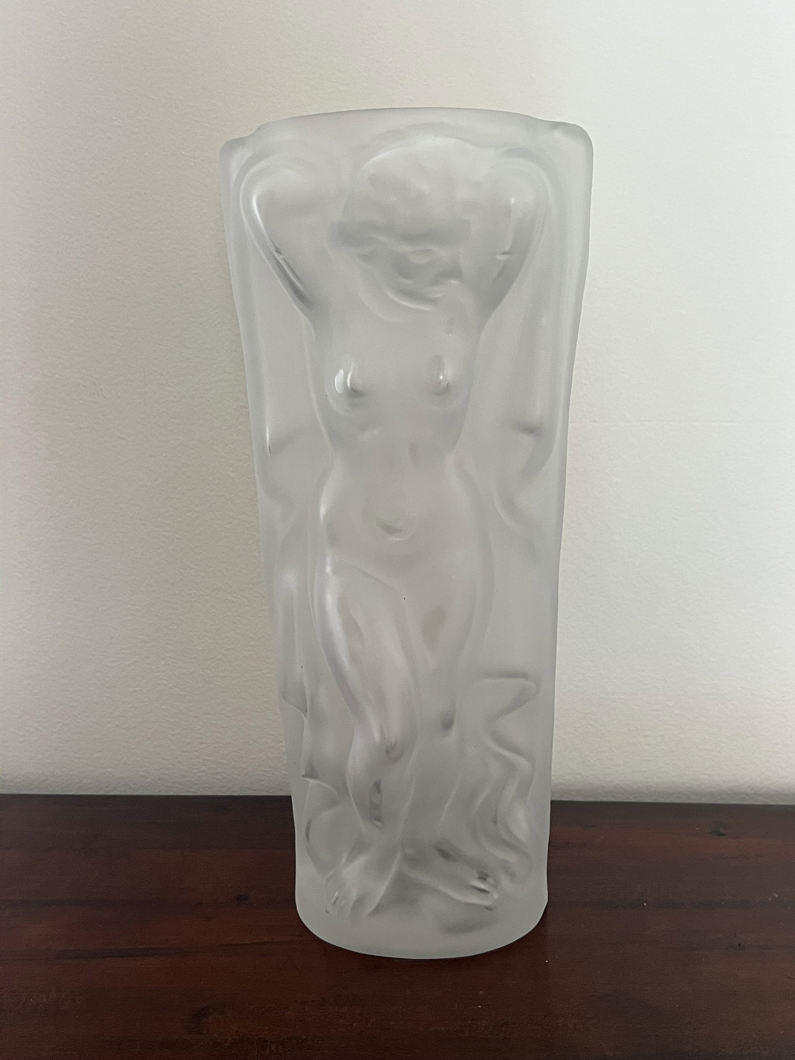 Large Art Deco Frosted Nude Vase: European, maker uncertain and unsigned. German Schlegogt Heinrich Hoffman or Nachtmann Style or Czech frosted glass. Large two sided nude, lovely size and condition. Good condition with minor