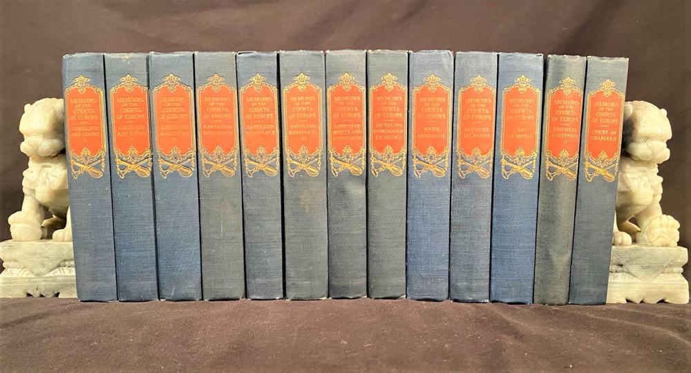 MEMOIRS OF THE COURTS OF EUROPE, 13 VOLUMES, 1910: 1910. New York. P.F. Collier and Sons. 13 volumes in Very Good condition. Blue cloth hard cover with red and gold embossing on the spines for title and decoration. No owners markings. The volumes do h
