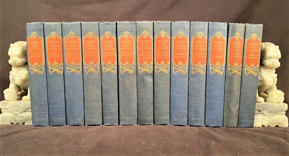 MEMOIRS OF THE COURTS OF EUROPE, 13 VOLUMES, 1910: 1910. New York. P.F. Collier and Sons. 13 volumes in Very Good condition. Blue cloth hard cover with red and gold embossing on the spines for title and decoration. No owners markings. The volumes do h