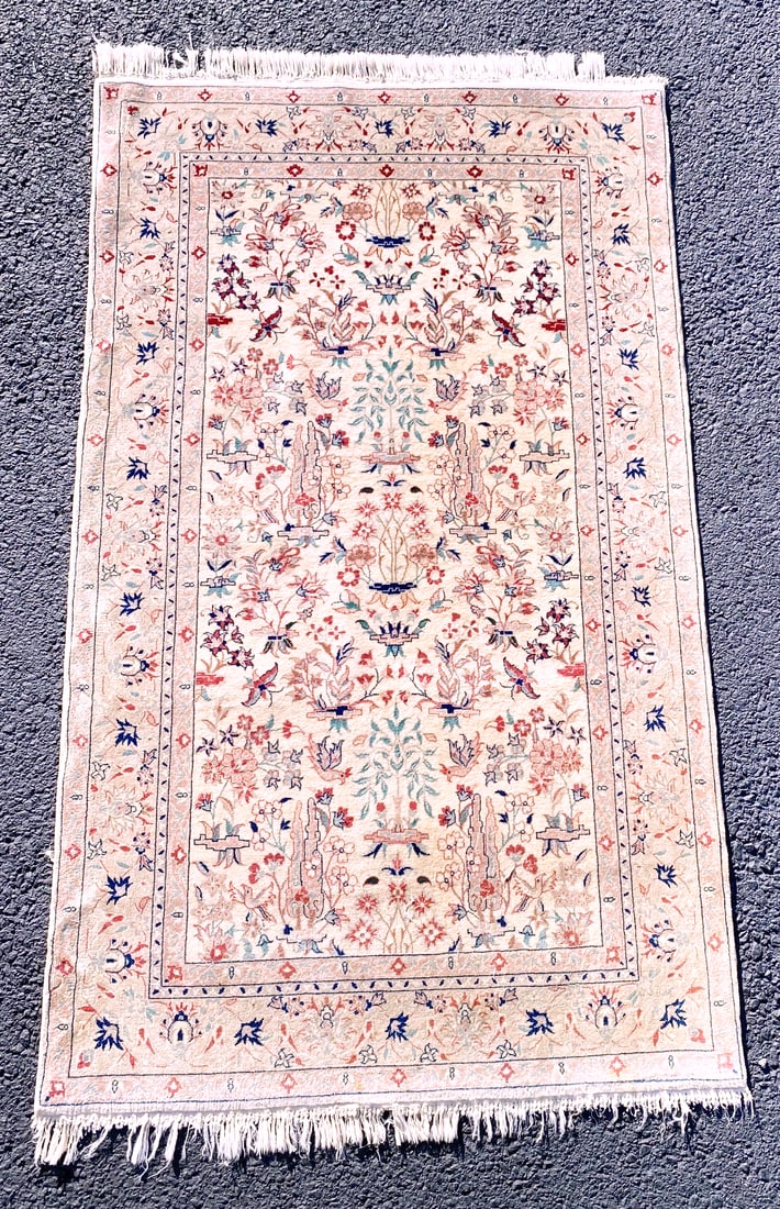 PERSIAN TREE OF LIFE PICTORIAL HAND KNOTTED RUG WITH 400+ KPSI, 3.0 x 5.0: Persian Tree of Life rug was hand knotted in Iran of 100% natural wool on a cotton foundation. It has medium wool piles and is in like new condition with knots per square inch in excess of 200+ KPSI. 
