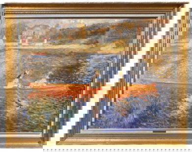 PIERRE AUGUSTE RENOIR (1841-1919) TEXTURED PRINT ON CANVAS TITLED THE SKIFF, 33IN x 40IN (84cm x: Textured print on canvas by celebrated French artist Pierre Auguste Renoir (1841 to 1919) titled The Skiff, after the original which was painted in 1879. It measures 33 inches x 40 inches. It is mount