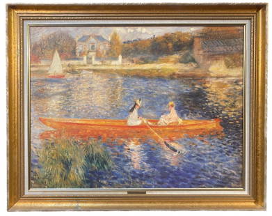 PIERRE AUGUSTE RENOIR (1841-1919) TEXTURED PRINT ON CANVAS TITLED THE SKIFF, 33IN x 40IN (84cm x: Textured print on canvas by celebrated French artist Pierre Auguste Renoir (1841 to 1919) titled The Skiff, after the original which was painted in 1879. It measures 33 inches x 40 inches. It is