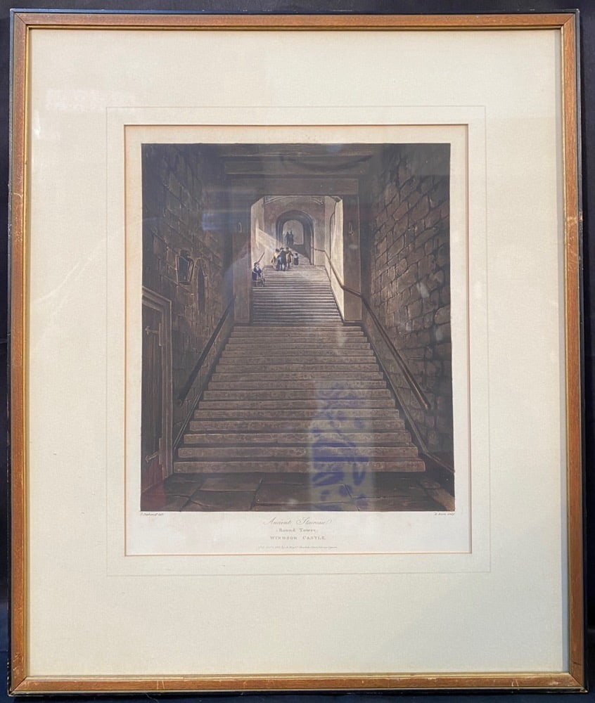ORIGINAL ETCHING TITLED ANCIENT STAIRCASE, WINDSOR CASTLE, 1818, 16IN x 19IN (41cm x 48cm): Original etching from 1818 titled Ancient Staircase, Windsor Castle, after the original which was painted by James Stephanoff. This etching was made and hand colored by R.G. Reeve and it was published