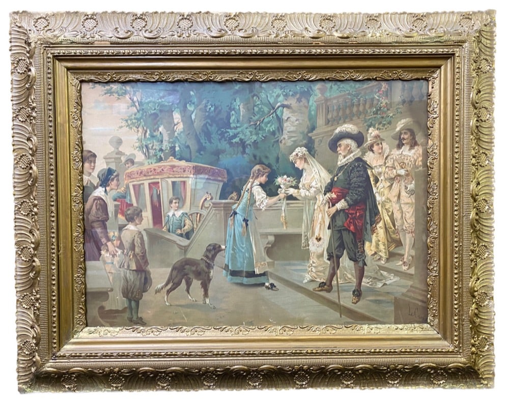 19 TH CENTURY CHROMOLITHOGRAPH BY LUIGI CROSIO (1835-1916), 30IN x 38IN (76cm x 100cm): Luigi Crosio (1835-1916) nineteenth century chromolithograph depicting a 15th century wedding scene with bride and wedding party, printed signature L. Crosio. It is mounted and framed under glass in a