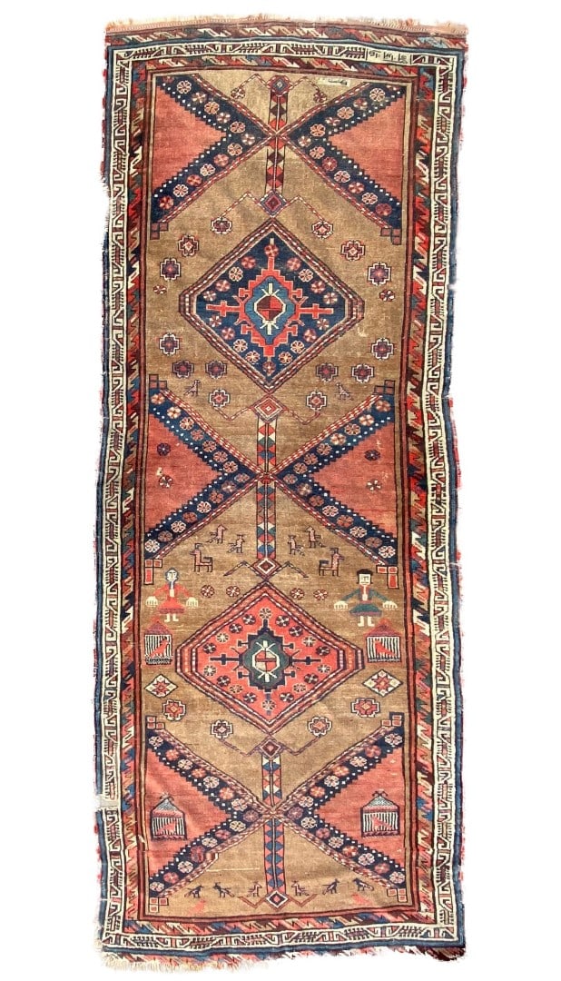 ANTIQUE PERSIAN SIGNED PICTORIAL KAZAK HAND KNOTTED RUNNER – 4.2 x 11.0 (127cm x 335cm) (1 of 10)