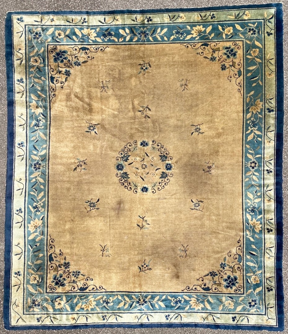 ANTIQUE CHINESE ART DECO NICHOLS HANDKNOTTED RUG – 8.2 x 9.7 (249cm x 292cm): Antique Chinese Art Deco Nichols rug was hand knotted of 100% wool on a cotton foundation. This rug is 100+ years old, has medium to low wool piles and is in excellent condition for its age. This rug 