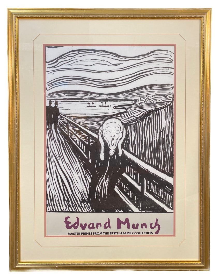 EDVARD MUNCH (1863-1944) ORIGINAL NATIONAL GALLERY EXHIBIT POSTER FOR HIS MASTER PRINTS, 32IN x 41IN: Edvard Munch (1863-1944) original National Gallery exhibit poster announcing his Master Prints. It measures 32 inches x 41 inches. It is framed under glass in an ornate, gold tone frame. It was produc