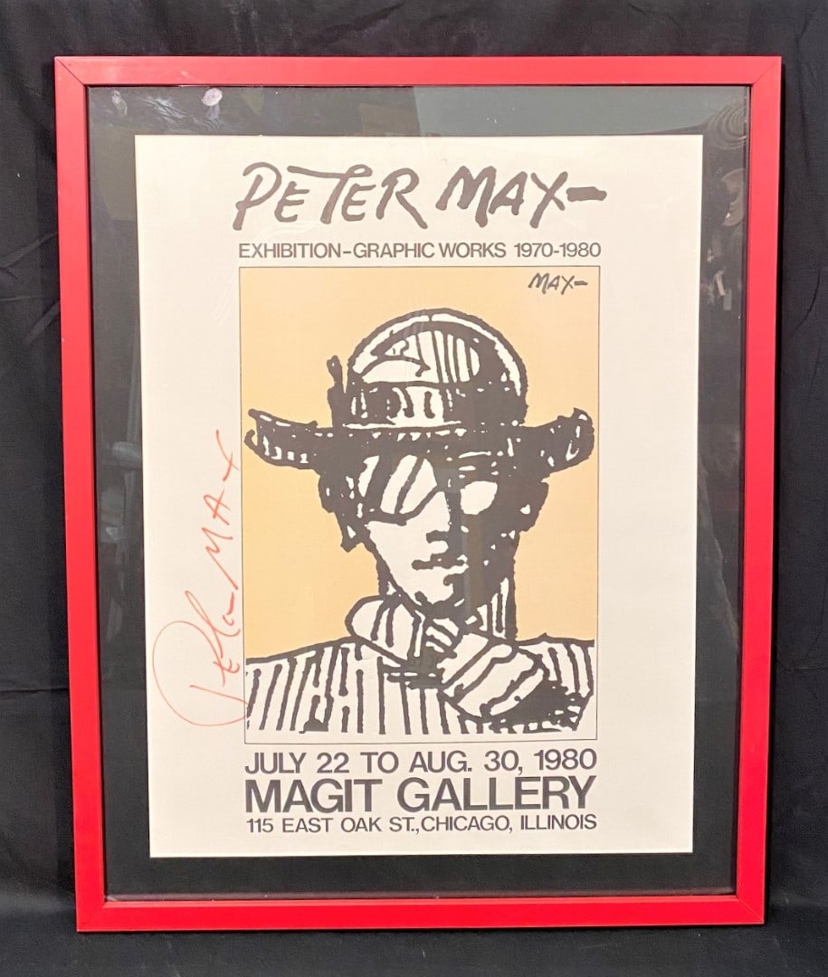 PETER MAX (BORN 1937) OFFSET LITHOGRAPH EXHIBITION POSTER HAND SIGNED BY THE ARTIST – 24IN x 30IN: Original Hand signed offset lithograph poster by celebrated German/American artist Peter Max (Born 1937). It is hand signed by the artist and it is an original art exhibition poster for his works. It