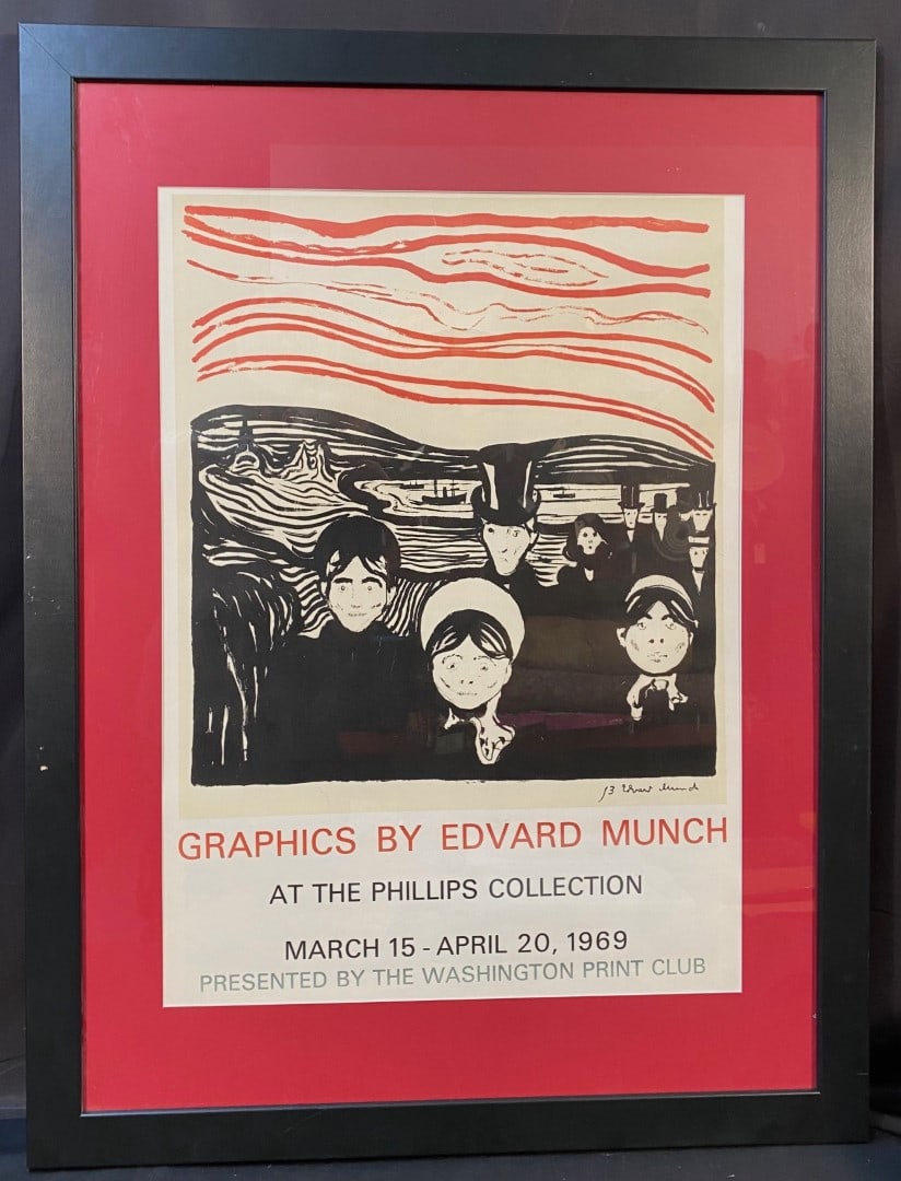 ORIGINAL EXHIBITION POSTER FOR EDVARD MUNCH (1863-1944) - 32IN x 42IN (81cm x 107cm): Original exhibition poster for Edvard Munch (1863-1944), signed in plate. The underlying piece is titled Angst, after the original which was produced in 1896. This piece was produced in 1969 for a Mun