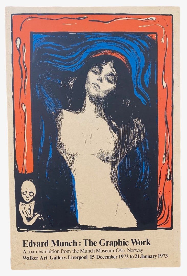 EDVARD MUNCH (1863-1944) ORIGINAL EXHIBITION POSTER, MOUNTED, 20IN x 32IN (51cm x 81cm): Edvard Munch (1863-1944) original Liverpool Exhibition from 1972. The underlying piece is titled Loving Woman (Madonna) after the original which was painted in 1902. It is trimmed and mounted to a boa