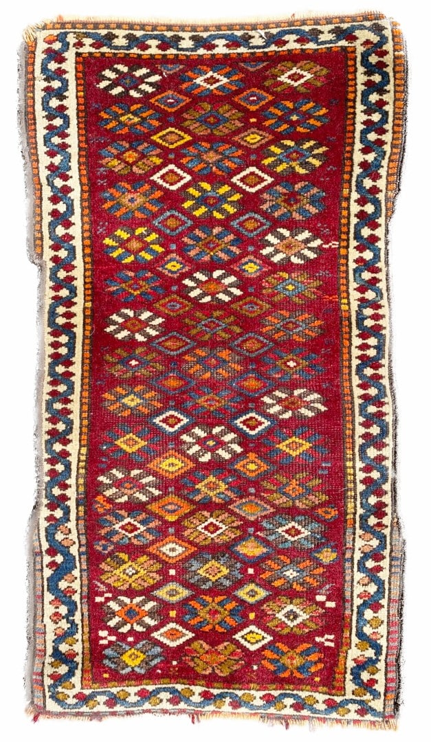 ANTIQUE PERSIAN BIDJAR HAND KNOTTED RUG – 1.8 x 3.1 (51cm x 94cm): Antique Persian Bidjar rug was hand knotted in Iran of 100% natural wool with a cotton foundation. This rug is 90+ years old and has medium, even, wool piles and is in excellent condition for its age.