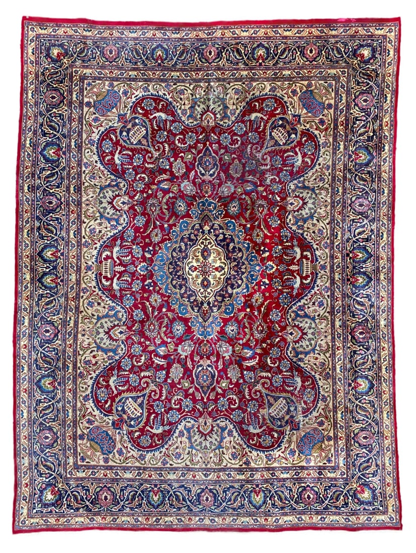 ANTIQUE PERSIAN KASHMAR ARCHEOLOGY PICTORIAL HAND KNOTTED RUG, 9.7 x 13.0 (292cm X 396cm): Antique Persian Kashmar Archeology pictorial rug was hand knotted in Iran of 100% natural wool and has a cotton foundation. The rug is 70+ years old, has full to medium wool piles and is in excellent 