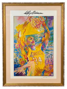 LEROY NEIMAN (1921-2012) HAND SIGNED LITHOGRAPH TITLED SHAQUILLE O’NEAL – 33IN X 45IN (84cm x: Abstract Lithograph by celebrated American artist Leroy Neiman (1921-2012) titled Shaquille O’Neal. It is hand signed by the artist in in black marker and it was printed in 2000. It measures 33