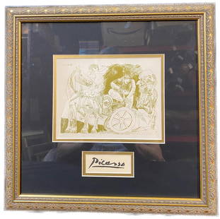 AFTER PABLO PICASSO (1881-1973) LITHOGRAPH OF ONE OF THE 1969 EROTIC GRAVURES – 16IN x 16IN: After Pablo Picasso (1881-1973) lithograph of one of his 1969 Erotic Gravures. It is double matted and framed under glass in an ornate golden frame. It measures 16 inches x 16 inches. This piece was