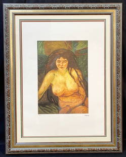 EDVARD MUNCH (1863-1944) LIMITED EDITION LITHOGRAPH TITLED FEMALE NUDE, THE BEAST WITH COA – 28IN: Edvard Munch (1863-1944) limited edition, signed lithograph of painting titled Female Nude, The Beast after the original. Limited edition of 200 with La TREC embossing in the lower left corner, and it