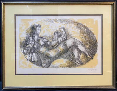 CHAIM GROSS (1904-1991) LIMITED EDITION, HAND SIGNED LITHOGRAPH TITLED HAPPY MOTHER, 22IN x 28IN: Gross, Chaim (1904-1991) original, limited edition, hand signed lithograph titled Happy Mother. This original lithograph is hand signed and dated in pencil in the lower right. It is a limited edition