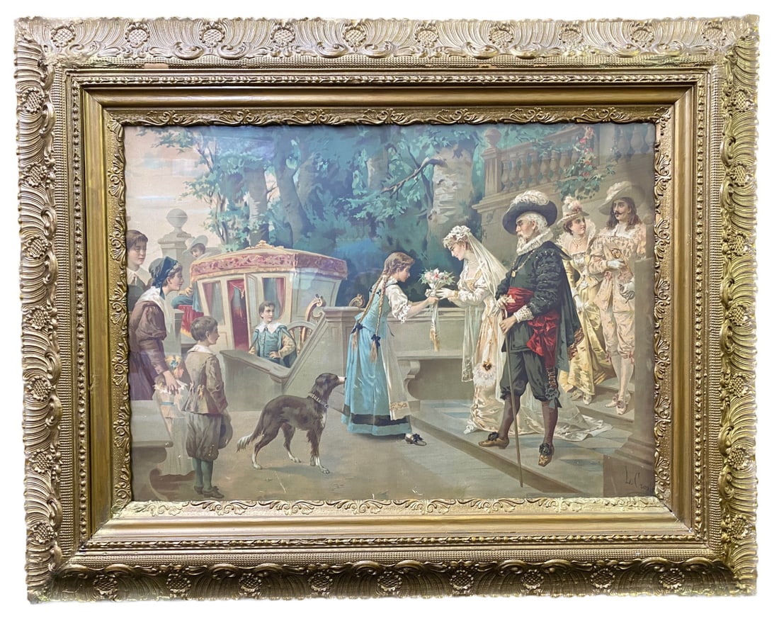 19 TH CENTURY CHROMOLITHOGRAPH BY LUIGI CROSIO (1835-1916), 30IN x 38IN (76cm x 100cm): Luigi Crosio (1835-1916) nineteenth century chromolithograph depicting a 15th century wedding scene with bride and wedding party, printed signature L. Crosio. It is mounted and framed under glass in a