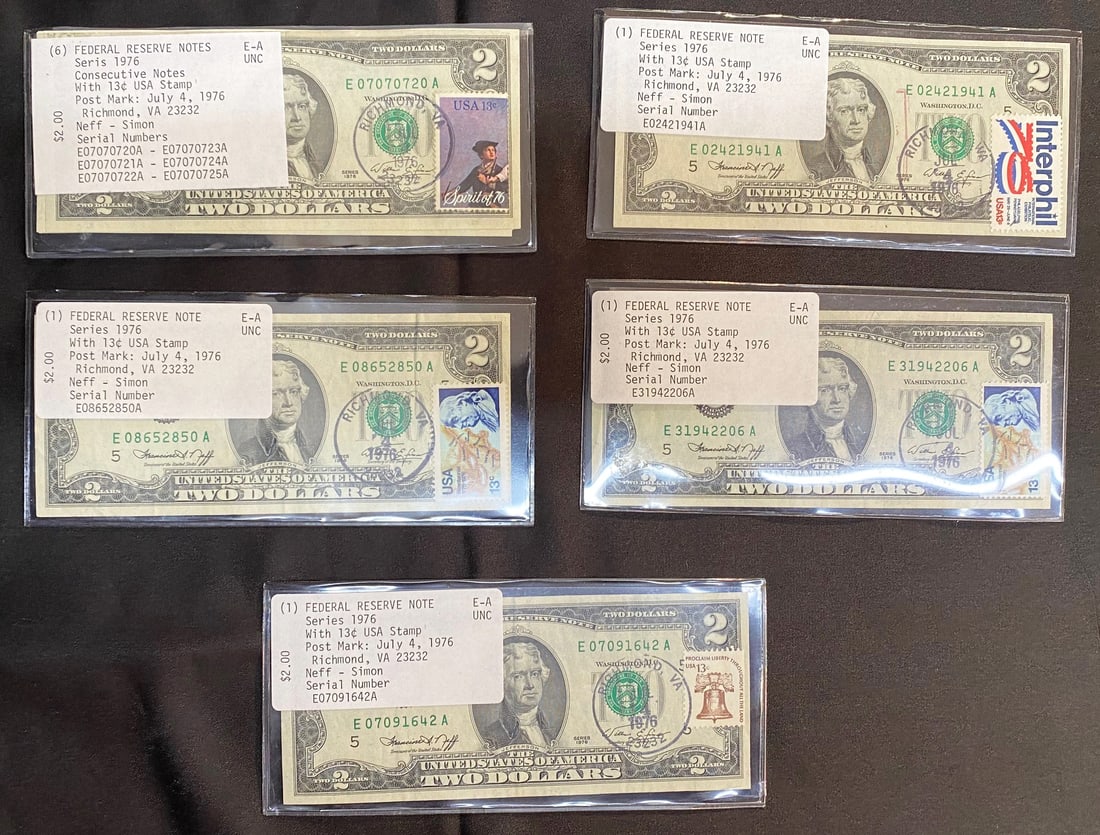 TEN $2 BILLS STAMPED JULY 4, 1976 FROM RICHMOND, VA. 6 ARE CONSECUTIVELY NUMBERED (1 of 7)