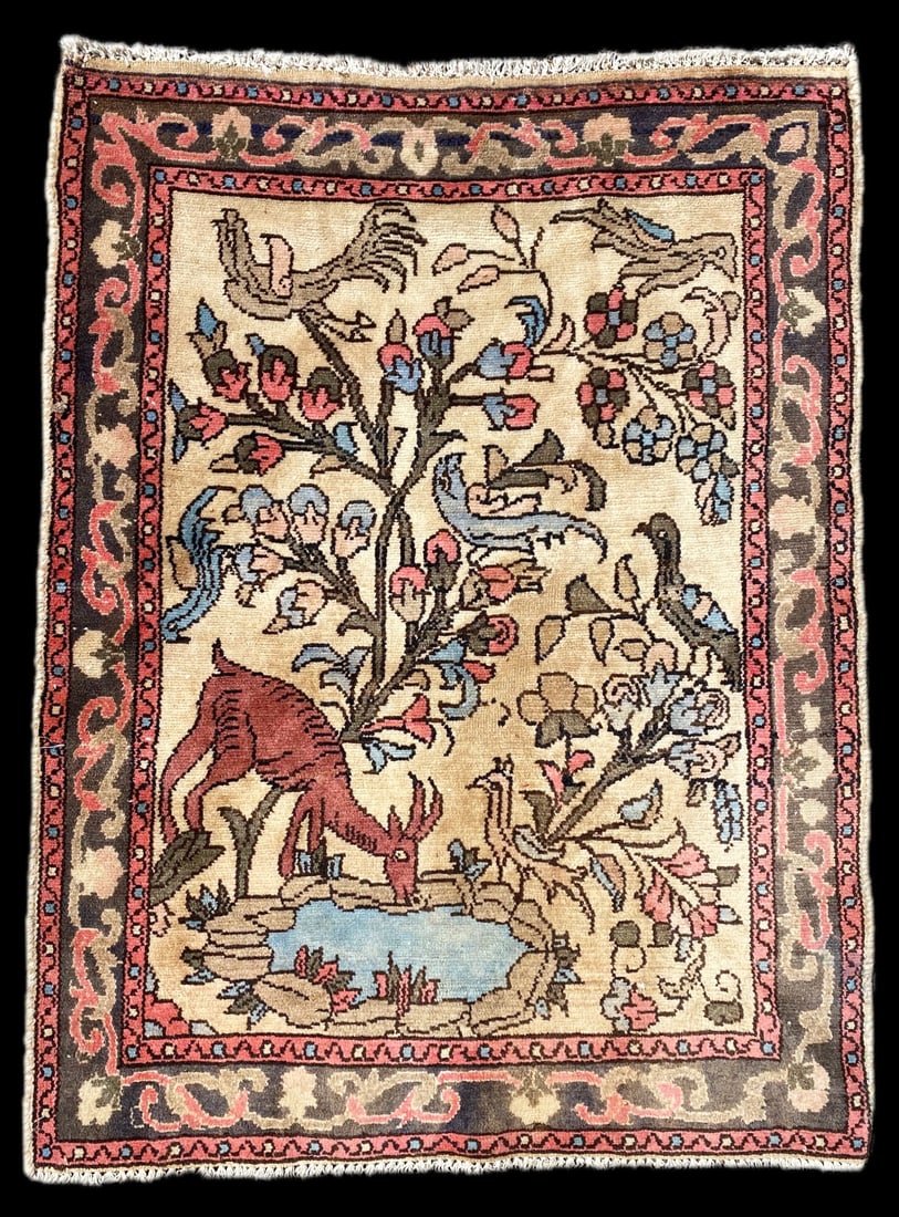 ANTIQUE PERSIAN PICTORIAL TREE OF LIFE HAND KNOTTED RUG, 2.4 x 3.1 (71cm x 94cm): Antique Persian Pictorial Tree of Life rug was hand knotted in Iran of 100% wool on a cotton foundation. The rug is 80+ years old, has medium wool piles and is in excellent condition for its age. Ther