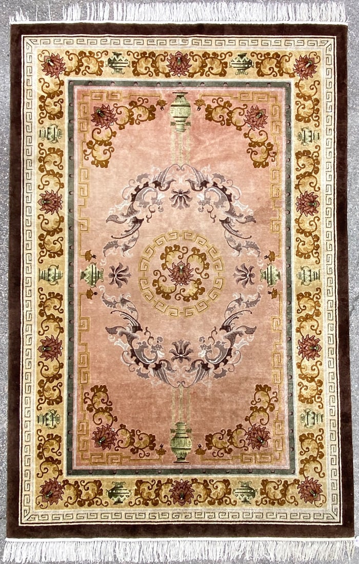 ART DECO SILK ON SILK HAND KNOTTED RUG, 6.0 x 9.2 (183cm x 279cm): Chinese Art Deco rug was hand knotted of 100% silk on a silk foundation. This rug has full silk piles and is in like new condition. This rug was acquired from an established rug merchant and it has se