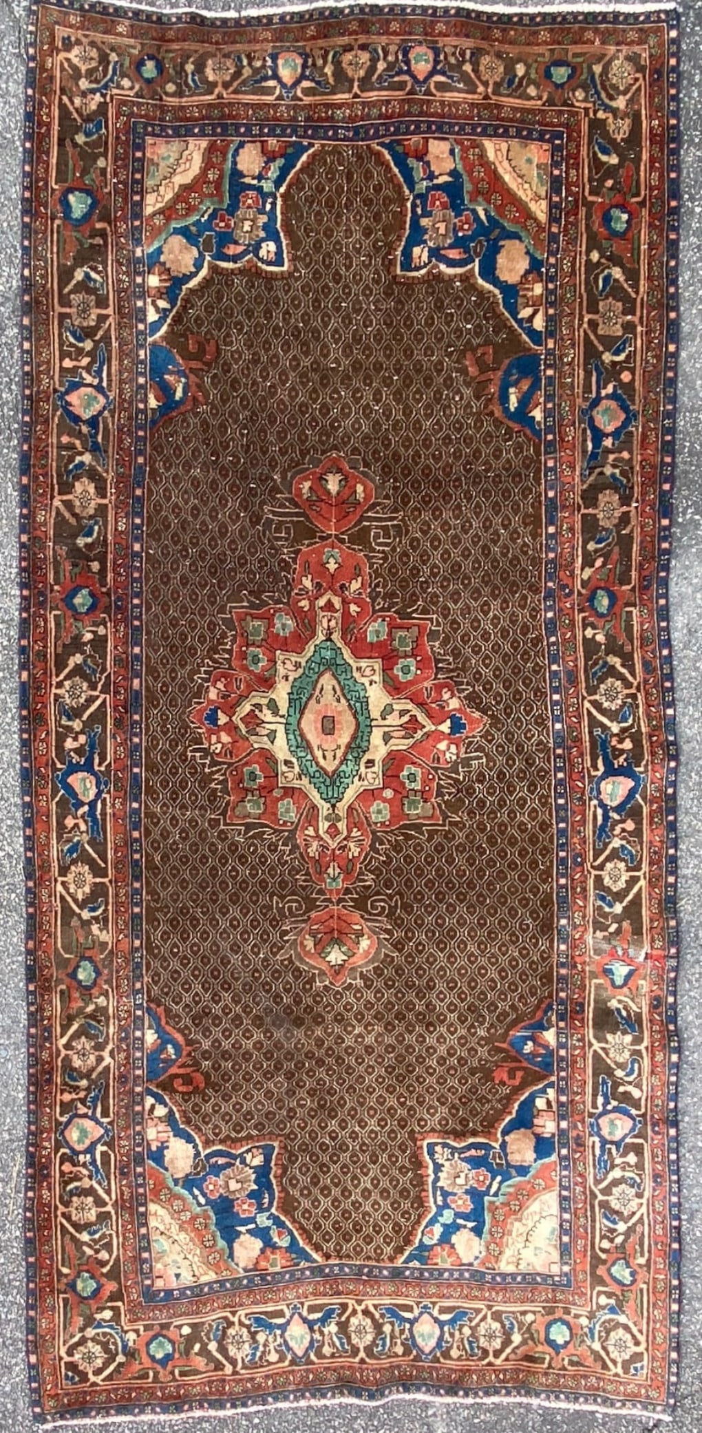 ANTIQUE PERSIAN KOLIAI HAND KNOTTED RUG, 4.8 x 9.10 (142cm x 300cm): Antique Persian Koliai rug was hand knotted of 100% natural wool on a cotton foundation. This rug is 90+ years old, and is in excellent condition for its age. Made with beautiful colors, and made with