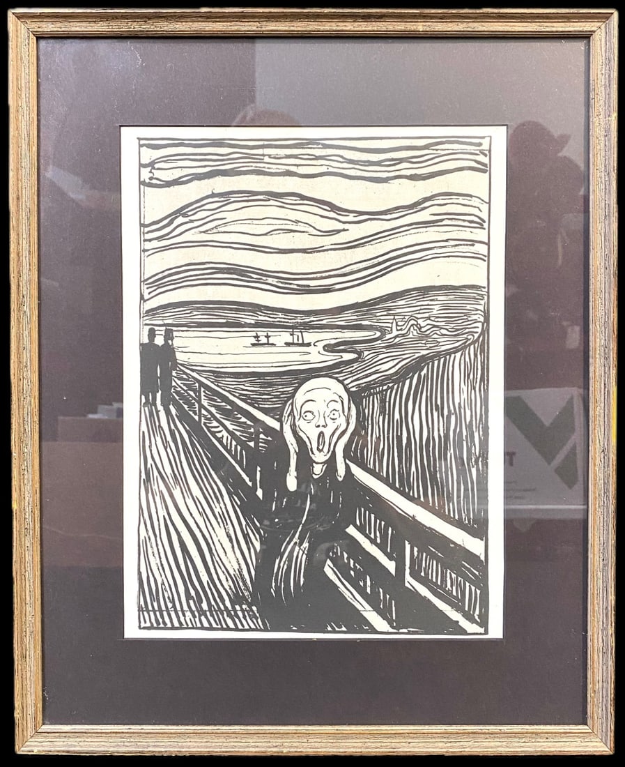 EDVARD MUNCH (1863-1944) LITHOGRAPH TITLED THE SCREAM, 14IN x 17IN (36cm x 43cm): Edvard Munch (1863-1944) lithograph titled The Scream, which is after after the original that was produced in 1895. This piece was produced by the National Gallery of Art in Washington DC. It is matte