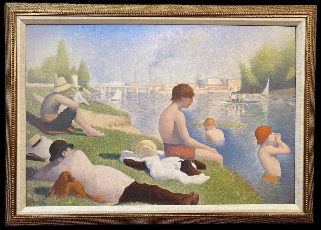 GEORGES SEURAT (1859-1891) TEXTURED PRINT TITLED BATHERS IN ASNIERES, 22IN x 31IN (56cm x 79cm): Georges Seurat (1859-1891) textured print titled Bathers In Anieres, after the original which was painted in 1884. It is matted and framed in a golden frame. With frame, it measures 22 inches x 31 inc