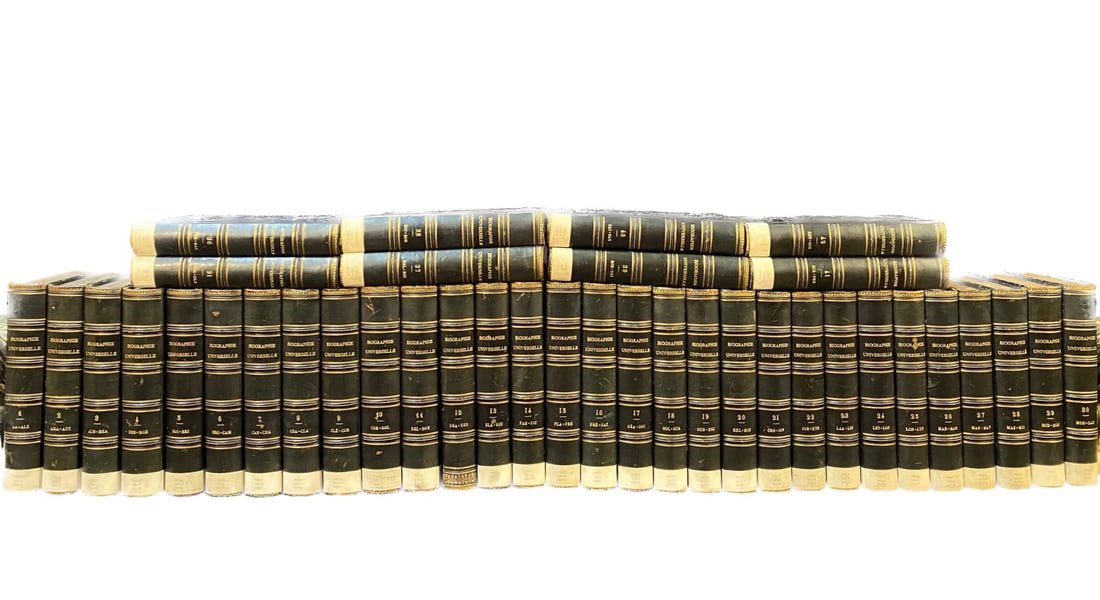 BIOGRAPHIE UNIVERSELLE, ANCIENNE ET MODERNE, 40 VOLUMES – 1811-1825: Paris. 1811-1825. Chez Michaud Freres, Imprim.-Librairie. 38 of 45 volumes, missing volumes 32 to 35, and 43 to 45. All volumes in Very Good condition. Written entirely in French. All bound in half bl